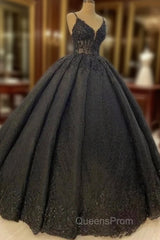 Princess Ball Gown Spaghetti Straps Beaded Black Wedding Dress