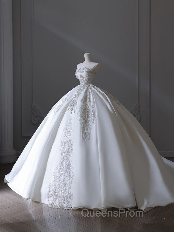 Princess Ball Gown Strapless Sleeveless Pleats White Satin Wedding Dress