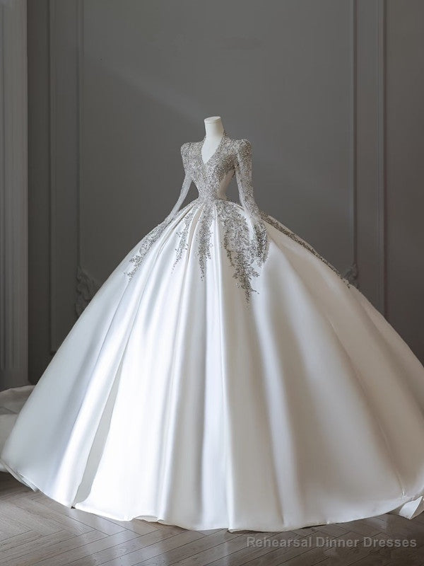 Princess Ball Gown V Neckline Long Sleeves Pleats Beads White Satin Wedding Dresses Secondary image