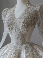 Princess Ball Gown V Neckline Long Sleeves Pleats Beads White Satin Wedding Dresses