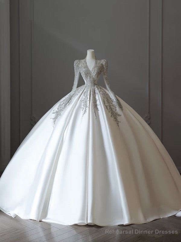 Princess Ball Gown V Neckline Long Sleeves Pleats Beads White Satin Wedding Dresses Main image