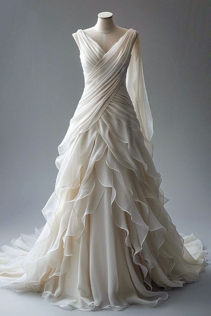 Princess Ball Gown V Neckline Pleats White Chiffon Wedding Dress