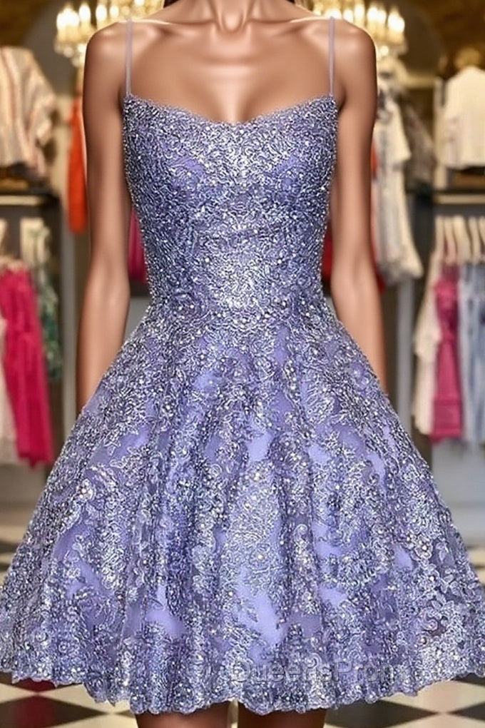 Princess Beaded Purple Lace Evening Prom Dress, Short Purple Lace Homecoming Dress, Purple Formal Evening Dress