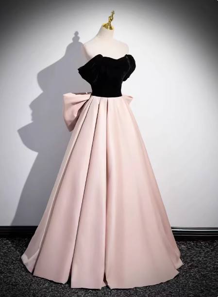 Princess Black & Pink Panel A-Line Off-The-Shoulder Bow Velvet Satin Long Classy Prom Dress Secondary image