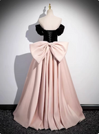 Princess Black & Pink Panel A-Line Off-The-Shoulder Bow Velvet Satin Long Classy Prom Dress