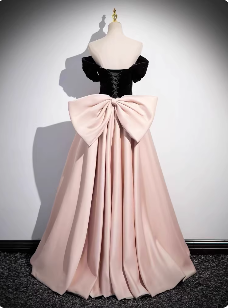 Princess Black & Pink Panel A-Line Off-The-Shoulder Bow Velvet Satin Long Classy Prom Dress