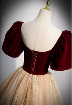 Princess Burgundy & Champagne Gold Panel A-Line Short Sleeve Tulle Long Classy Prom Dress