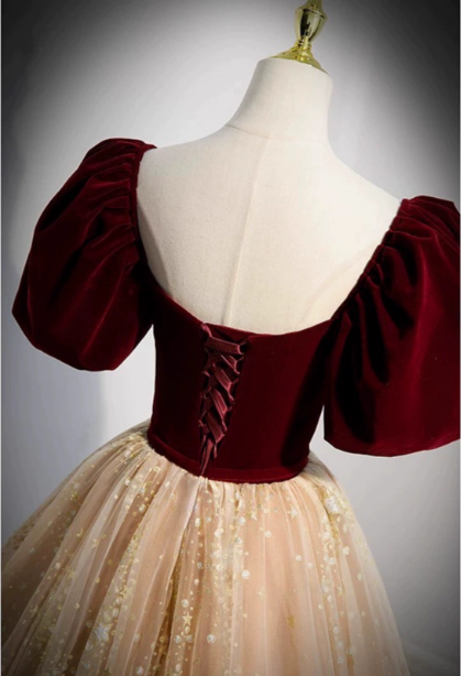 Princess Burgundy & Champagne Gold Panel A-Line Short Sleeve Tulle Long Classy Prom Dress