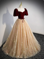 Princess Burgundy & Champagne Gold Panel A-Line Short Sleeve Tulle Long Classy Prom Dress
