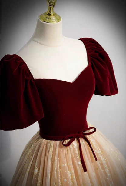 Princess Burgundy & Champagne Gold Panel A-Line Short Sleeve Tulle Long Classy Prom Dress