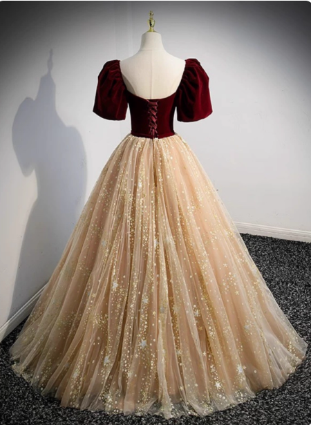 Princess Burgundy & Champagne Gold Panel A-Line Short Sleeve Tulle Long Classy Prom Dress