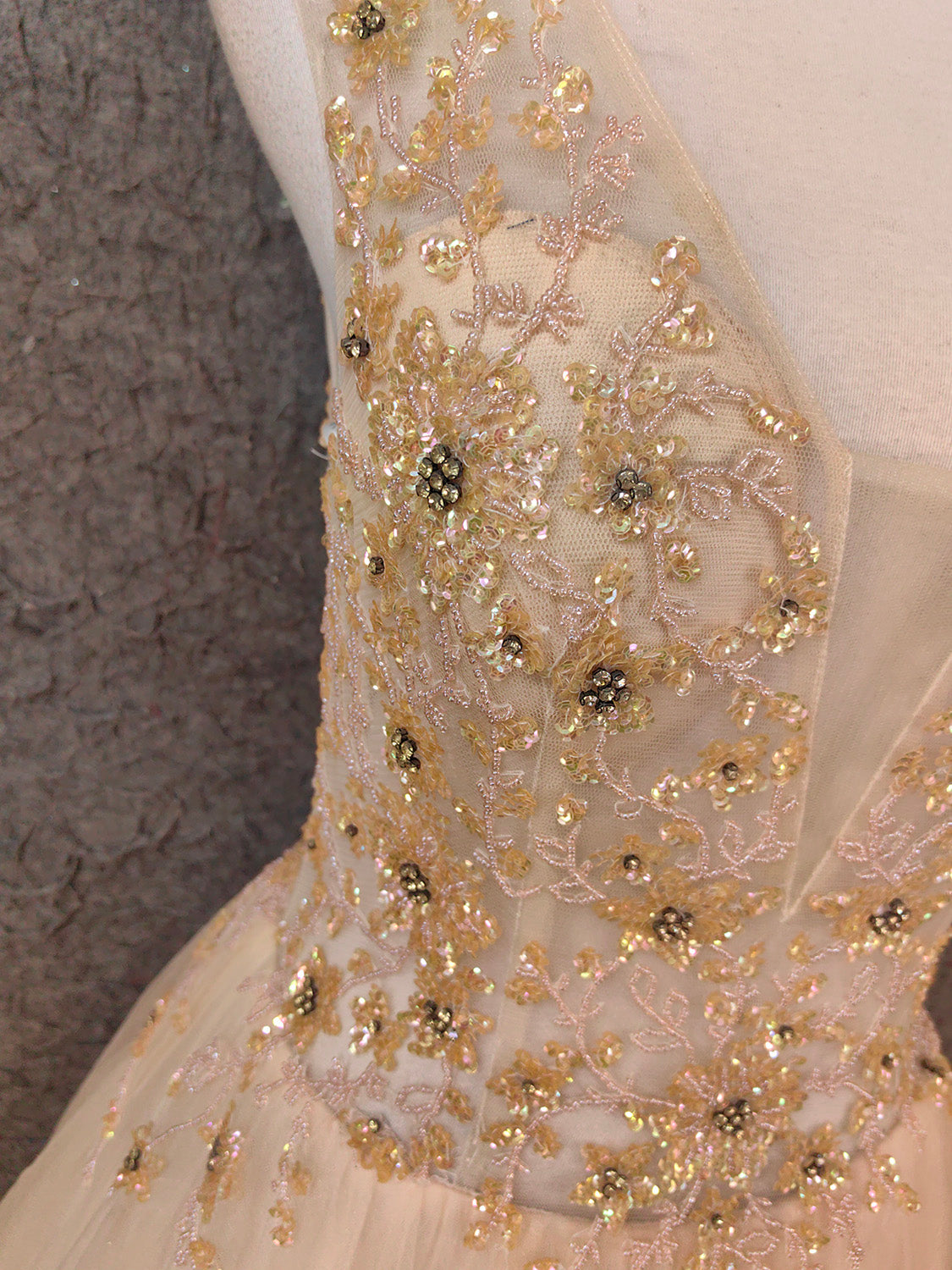 Princess Champagne A-Line V-Neck Sleeveless Sequin Beaded Tulle Long Classy Prom Dress
