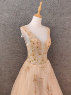 Princess Champagne A-Line V-Neck Sleeveless Sequin Beaded Tulle Long Classy Prom Dress