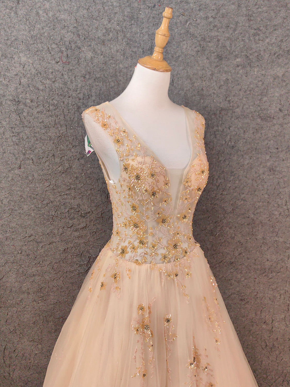 Princess Champagne A-Line V-Neck Sleeveless Sequin Beaded Tulle Long Classy Prom Dress