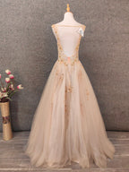 Princess Champagne A-Line V-Neck Sleeveless Sequin Beaded Tulle Long Classy Prom Dress