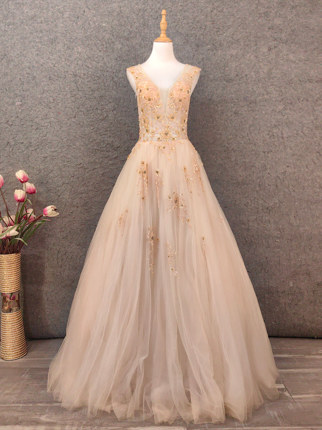 Princess Champagne A-Line V-Neck Sleeveless Sequin Beaded Tulle Long Classy Prom Dress Main image