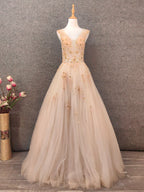 Princess Champagne A-Line V-Neck Sleeveless Sequin Beaded Tulle Long Classy Prom Dress