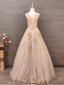 Princess Champagne A-Line V-Neck Sleeveless Sequin Beaded Tulle Long Classy Prom Dress
