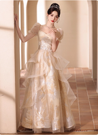 Princess Champagne Gold A-Line Embroidered Tulle Long Classy Prom Dress