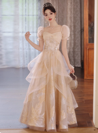 Princess Champagne Gold A-Line Embroidered Tulle Long Classy Prom Dress