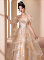Princess Champagne Gold A-Line Embroidered Tulle Long Classy Prom Dress