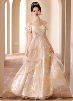 Princess Champagne Gold A-Line Embroidered Tulle Long Classy Prom Dress