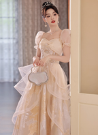 Princess Champagne Gold A-Line Embroidered Tulle Long Classy Prom Dress