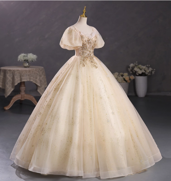 Princess Champagne Gold Square Neck Puff Sleeve Gold Embroidered Floral Tulle Ball Gown Prom Dress Sweet 16 Dress