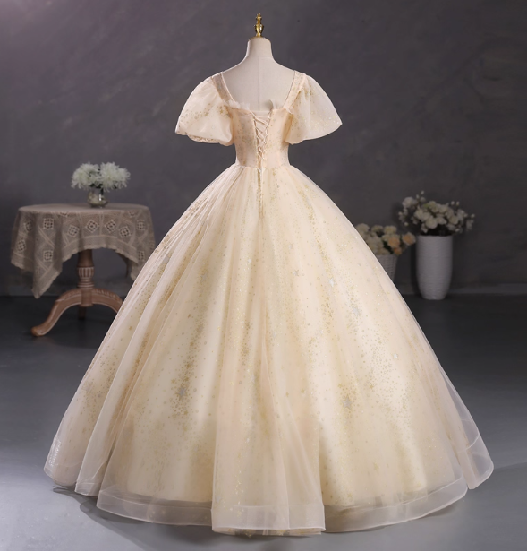 Princess Champagne Gold Square Neck Puff Sleeve Gold Embroidered Floral Tulle Ball Gown Prom Dress Sweet 16 Dress