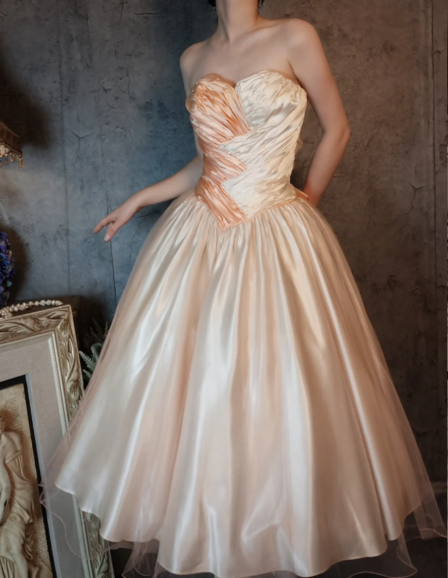 Princess Champagne Pink A-Line Sweet Bow Satin Classy Prom Dress Sweet 16 Dress