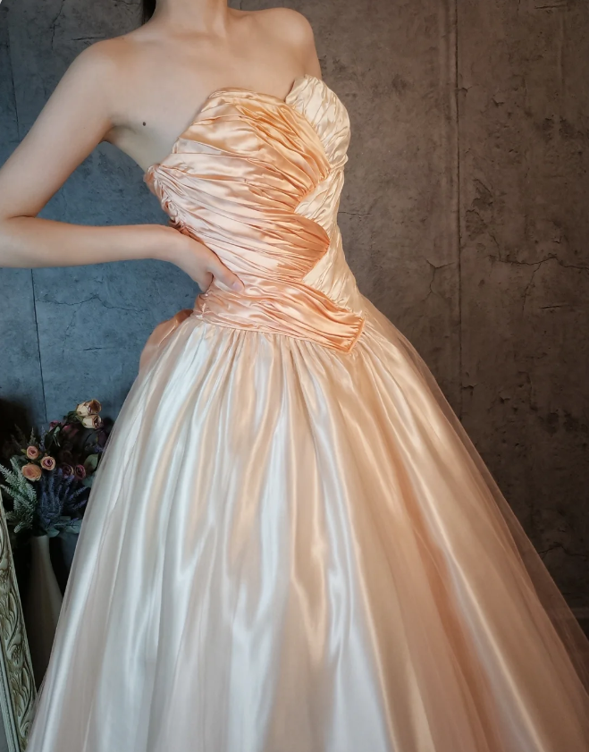 Princess Champagne Pink A-Line Sweet Bow Satin Classy Prom Dress Sweet 16 Dress