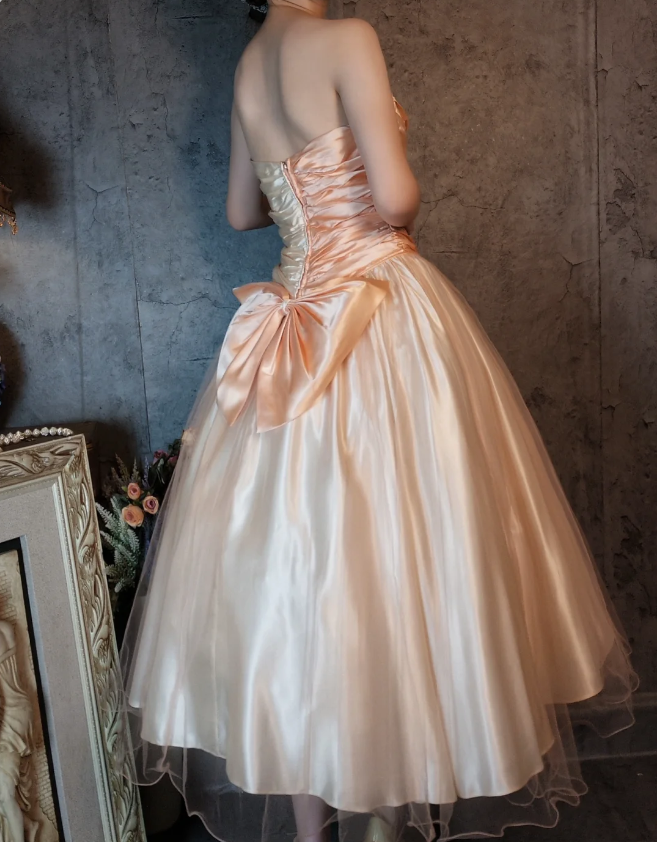 Princess Champagne Pink A-Line Sweet Bow Satin Classy Prom Dress Sweet 16 Dress