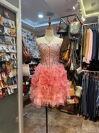 Princess Coral Pink Heart-Shaped Neckline Rhinestone-Embellished Short Classy Prom Dress