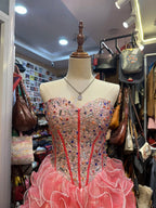 Princess Coral Pink Heart-Shaped Neckline Rhinestone-Embellished Short Classy Prom Dress