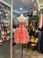Princess Coral Pink Heart-Shaped Neckline Rhinestone-Embellished Short Classy Prom Dress