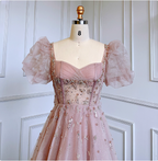 Princess Dreamy Pink A-Line Square Neck Puff Sleeve Beaded Tulle Long Classy Prom Dress