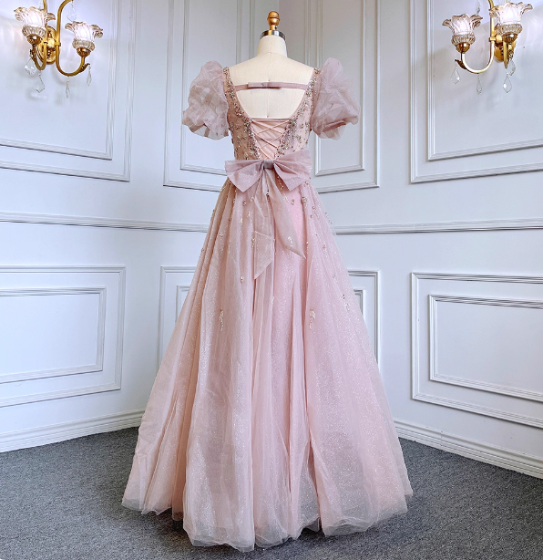 Princess Dreamy Pink A-Line Square Neck Puff Sleeve Beaded Tulle Long Classy Prom Dress
