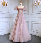 Princess Dreamy Pink A-Line Square Neck Puff Sleeve Beaded Tulle Long Classy Prom Dress