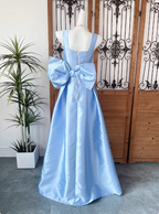 Princess Elegant Blue Square Neck Bow Satin Long Classy Prom Dress