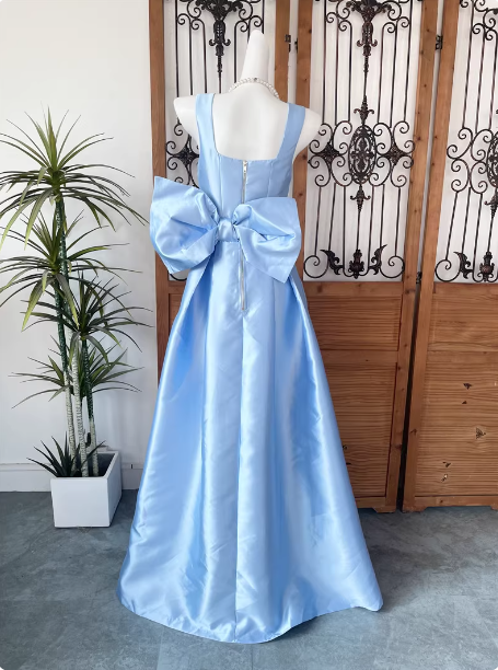 Princess Elegant Blue Square Neck Bow Satin Long Classy Prom Dress