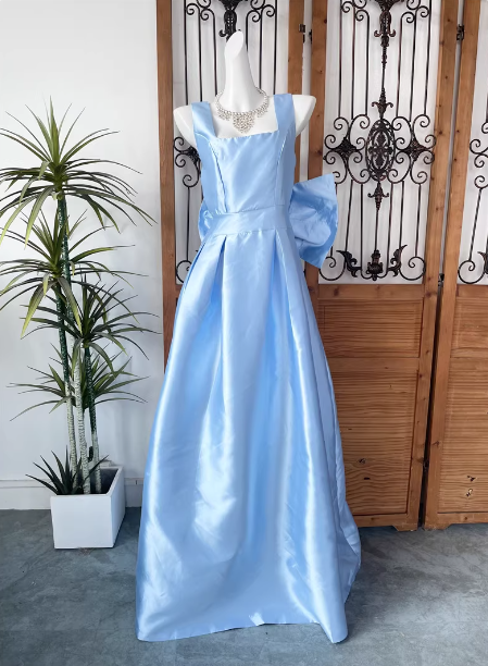 Princess Elegant Blue Square Neck Bow Satin Long Classy Prom Dress Main image