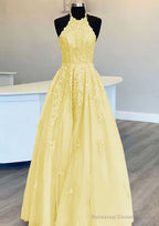 Princess Halter Long/Floor-Length Lace Tulle Prom Dresses With Appliqued Beading