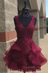 Princess Lace Appliques Dark Green Homecoming Dress with Flounced,Short Evening Prom Dress