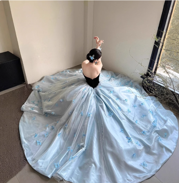 Princess Light Blue Sweetheart Neck 3D Butterfly Embellished Tulle Satin Long Classy Prom Dress