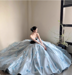 Princess Light Blue Sweetheart Neck 3D Butterfly Embellished Tulle Satin Long Classy Prom Dress