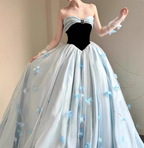 Princess Light Blue Sweetheart Neck 3D Butterfly Embellished Tulle Satin Long Classy Prom Dress