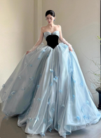 Princess Light Blue Sweetheart Neck 3D Butterfly Embellished Tulle Satin Long Classy Prom Dress
