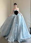 Princess Light Blue Sweetheart Neck 3D Butterfly Embellished Tulle Satin Long Classy Prom Dress