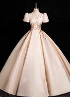 Princess Light Champagne Short-Sleeve Floral Embroidered Ball Gown Prom Dress