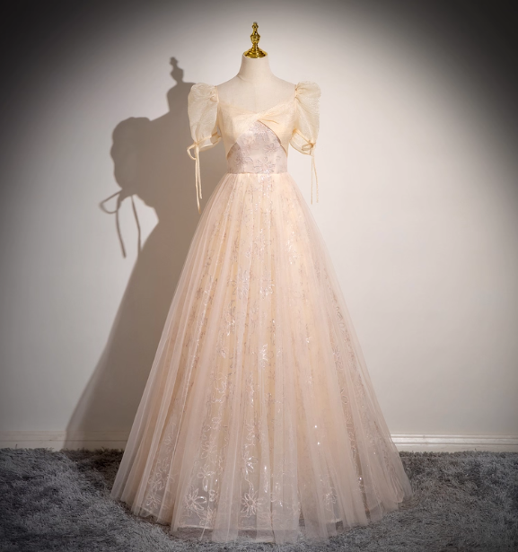 Princess Light Champagne Square Neck Puff Sleeve Bow Tulle Long Ball Gown Prom Dress Sweet 16 Dress